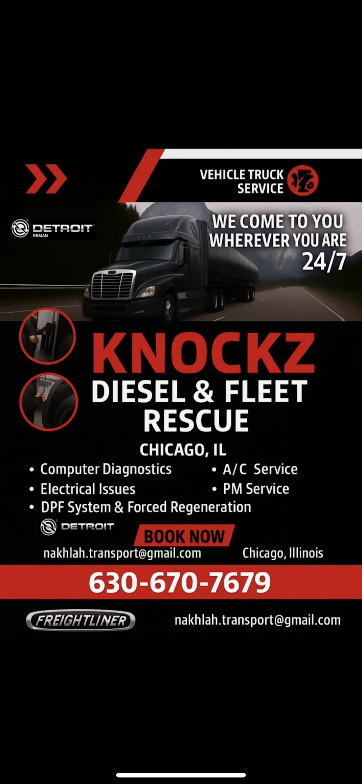 Knockz diesel & fleet rescue | Road service Chicago — truck parking location